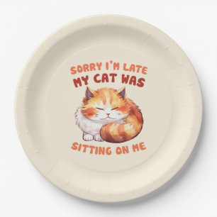 Adorable Orange Tabby Cat- Sorry I'm Late Paper Plate