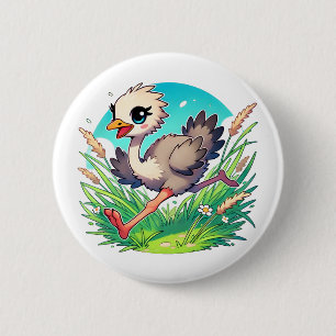 Adorable ostrich chick running through a field 6 cm round badge