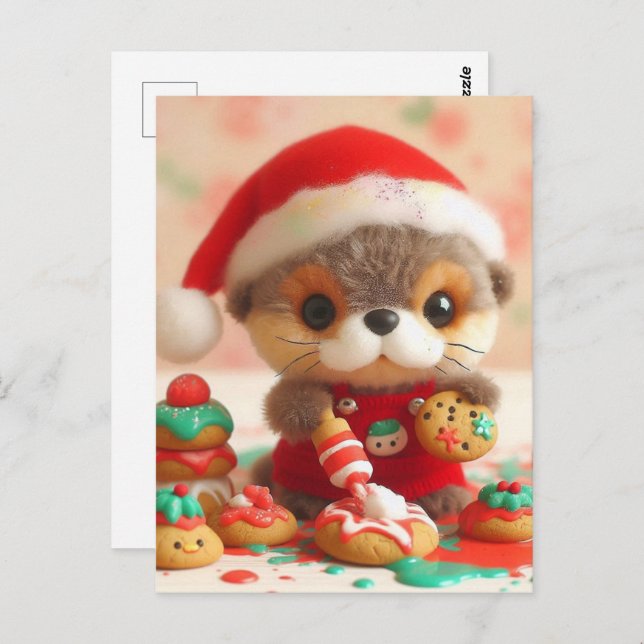Adorable Otter Baking Christmas Cookies Postcard (Front/Back)