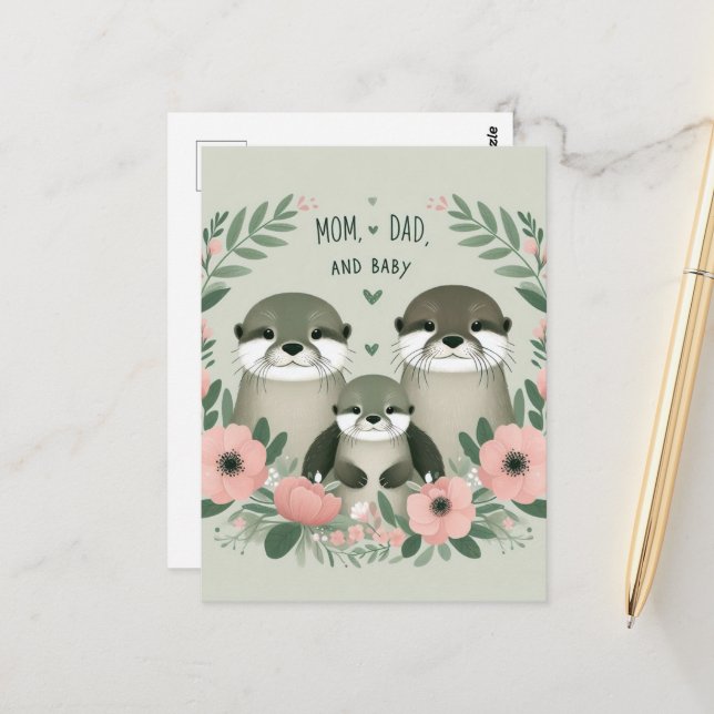 Adorable Otter Boho Mum Dad and Baby Postcard (Front/Back In Situ)