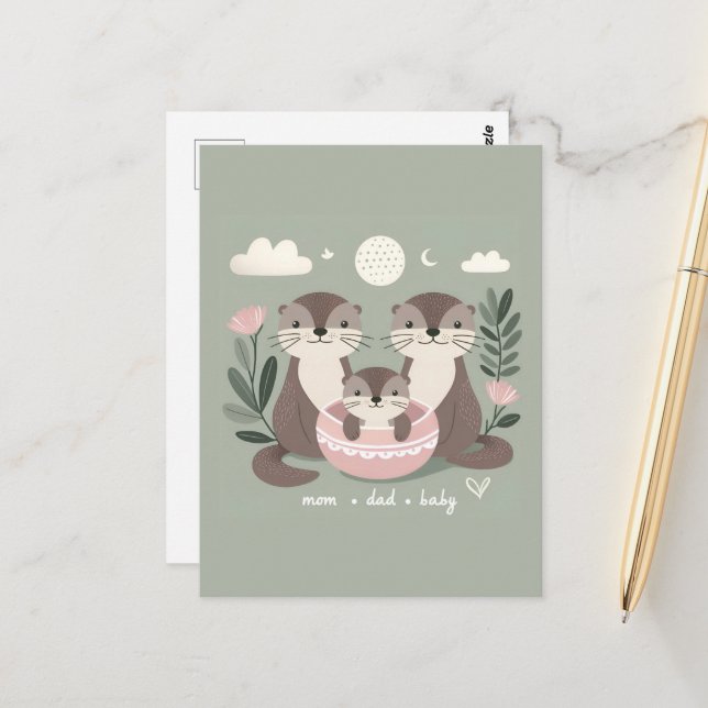 Adorable Otter Boho Mum Dad and Baby Postcard (Front/Back In Situ)