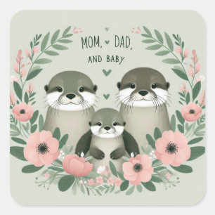 Adorable Otter Boho Mum Dad and Baby Square Sticker