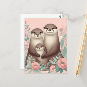 Adorable Otter Boho Pink Mum Dad and Baby Postcard