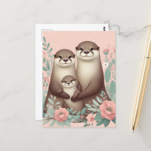 Adorable Otter Boho Pink Rose Mum Dad and Baby Postcard