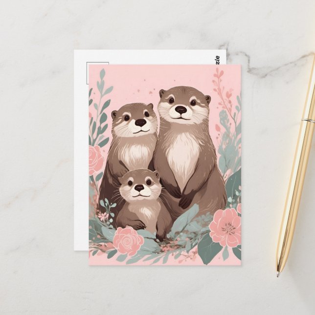 Adorable Otter Boho Pink Rose Mum Dad and Baby Postcard (Front/Back In Situ)