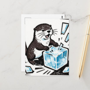 Adorable otter breaking an ice block  postcard