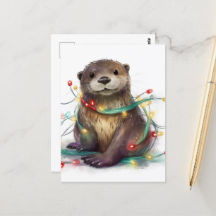 Adorable Otter Christmas Lights AI Art Postcard