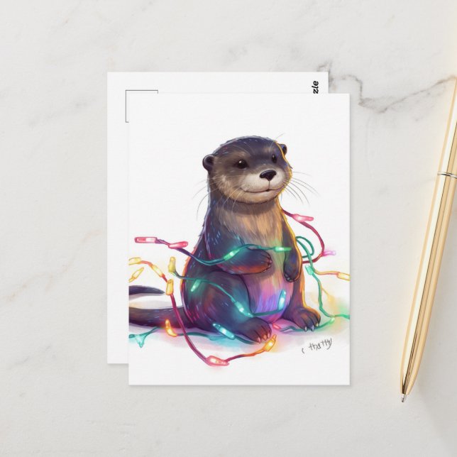 Adorable Otter Christmas Lights AI Postcard (Front/Back In Situ)