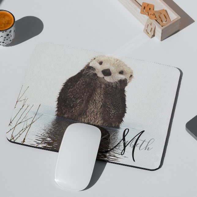 Adorable Otter Cute Personalised Monogram Mouse Pad (Creator Uploaded)