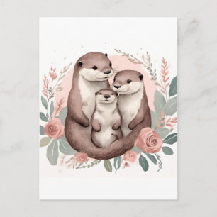 Adorable Otter Family  Sage and Dusty Rose Boho Postcard