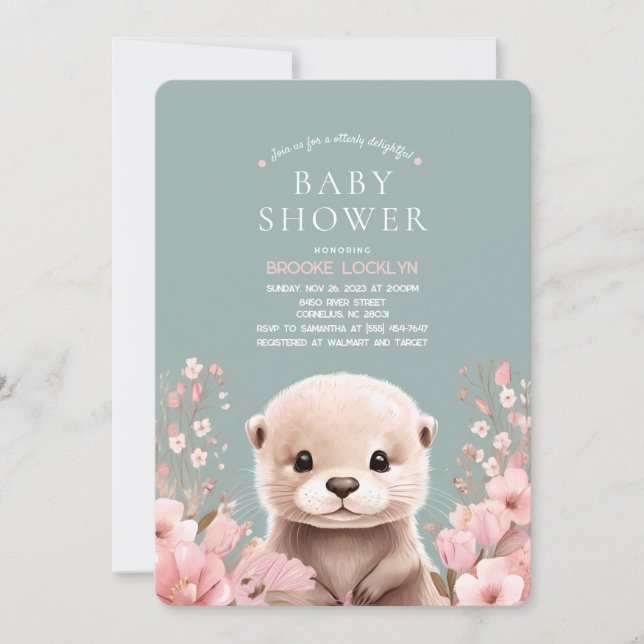 Adorable Otter Girl Baby Shower with Pink Flowers  Invitation (Front)