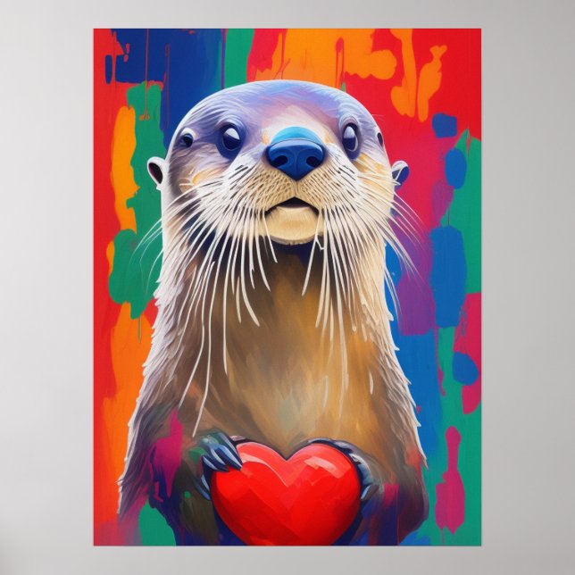 Adorable Otter Holding Red Heart Valentine's Day Poster (Front)