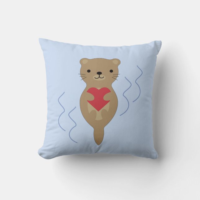 Adorable Otter Hugging a Heart Cushion (Front)