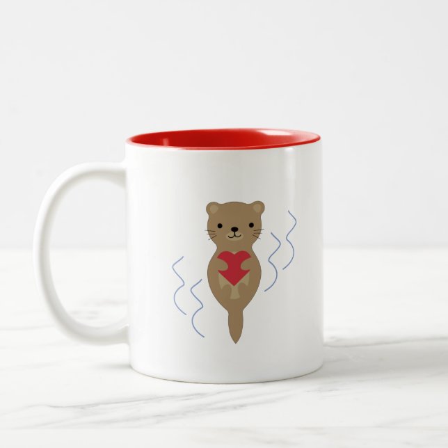 Adorable Otter Hugging a Heart Two-Tone Coffee Mug (Left)