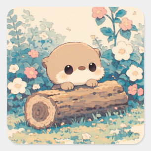 Adorable Otter Resting on Hollow Log Square Sticker