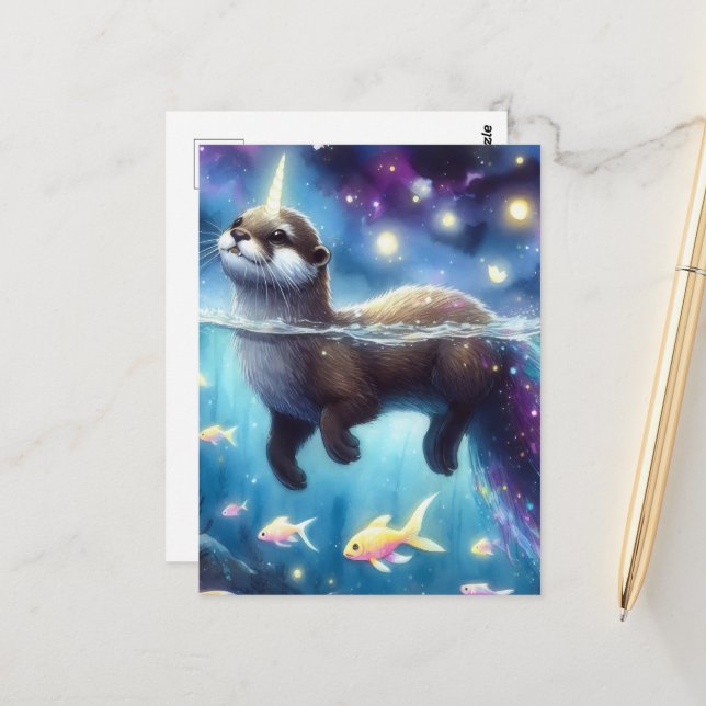 Adorable Otter Unicorn with Goldfish Postcard (Front/Back In Situ)