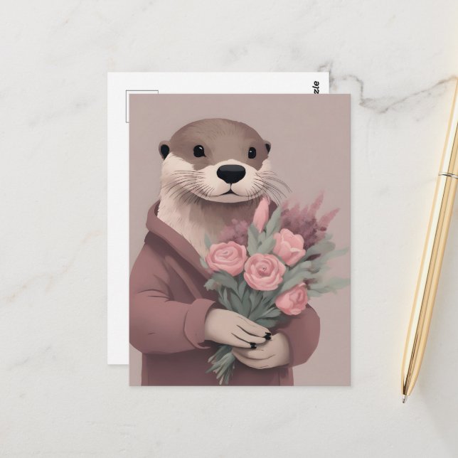 Adorable Otter With Flowers Postcard (Front/Back In Situ)