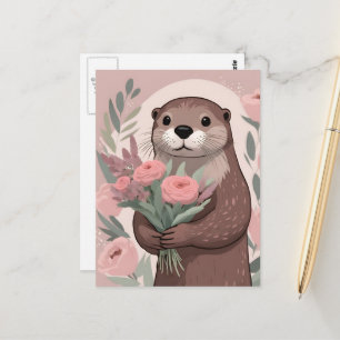 Adorable Otter With Flowers Postcard