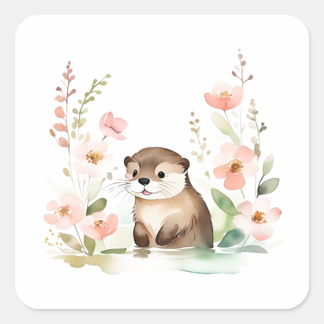 Adorable Otter With Flowers Square Sticker (Front)