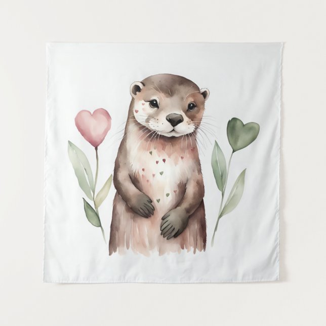 Adorable Otter With Heart Plants Tapestry (Front)
