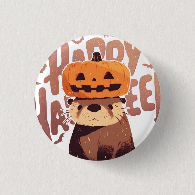 Adorable Otter with Pumpkin Hat – Happy Halloween  3 Cm Round Badge (Front)