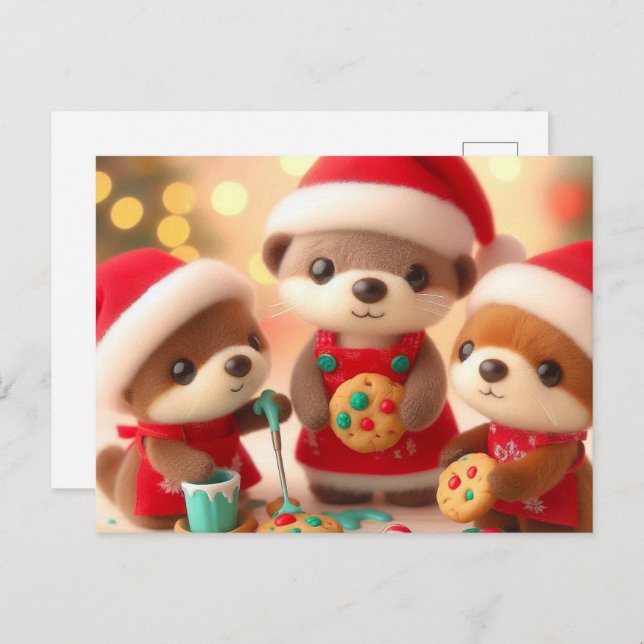 Adorable Otters Decorate Christmas Cookies Postcard (Front/Back)