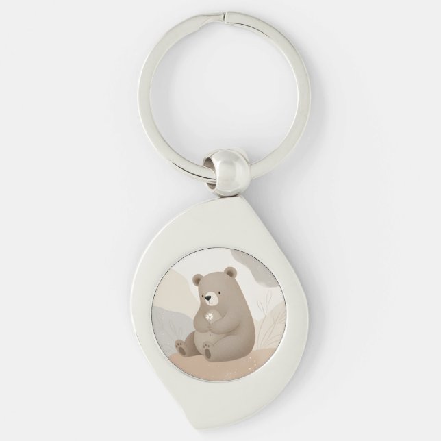 Adorable Ours Brun à la Marguerite - Aquarelle Key Ring (Front)