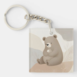 Adorable Ours Brun à la Marguerite - Aquarelle Key Ring