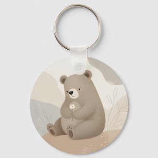 Adorable Ours Brun à la Marguerite - Aquarelle Key Ring
