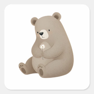 Adorable Ours Brun à la Marguerite – Illustration Square Sticker
