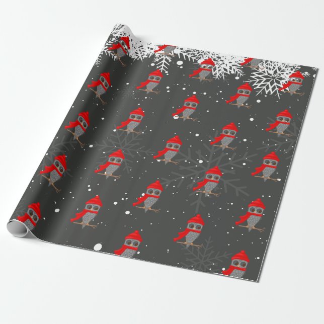 Adorable Owl on Branch as Santa Claus Christmas Wrapping Paper (Unrolled)