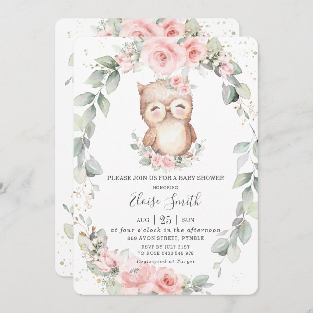 Adorable Owl Pink Floral Greenery Baby Shower  Invitation (Front/Back)