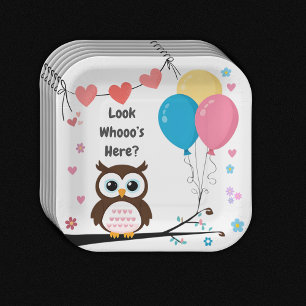 Adorable Owl with Balloons & Hearts Baby Shower Paper Plate