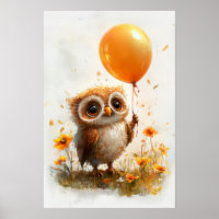 Adorable Owl with Orange Balloon - Whimsical Autum