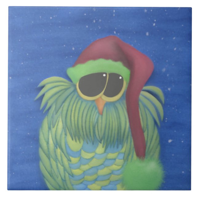 Adorable Owl with Santa Hat Ceramic Tile (Front)