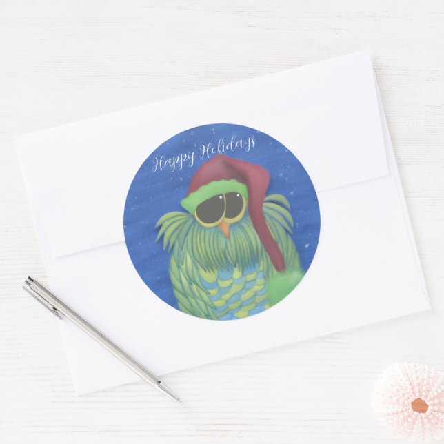 Adorable Owl with Santa Hat Classic Round Sticker (Envelope)