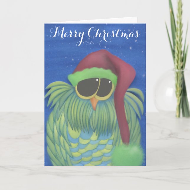 Adorable Owl with Santa Hat Holiday Card (Front)