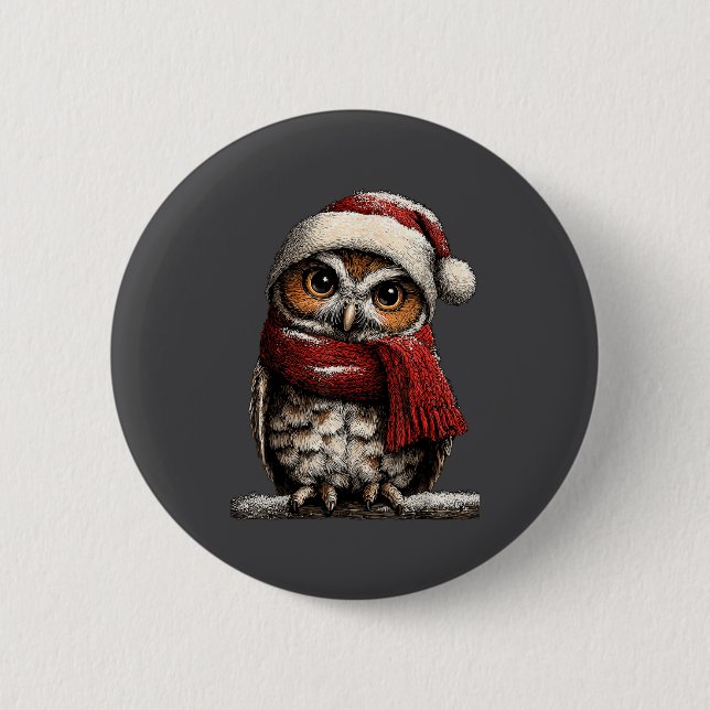 Adorable Owl With Santa Hat Snowy Winter Christmas 6 Cm Round Badge (Front)