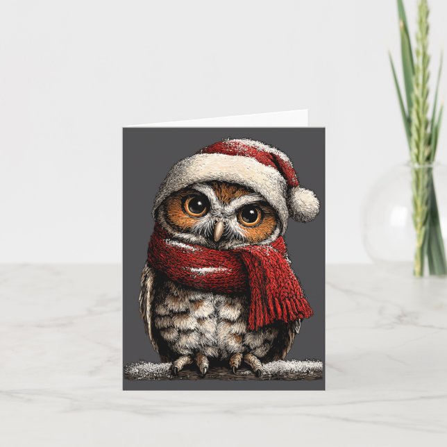 Adorable Owl With Santa Hat Snowy Winter Christmas Card (Front)