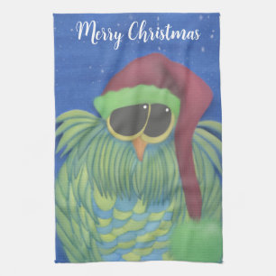 Adorable Owl with Santa Hat  Tea Towel