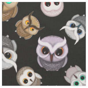 Adorable Owls on Black Background Fabric