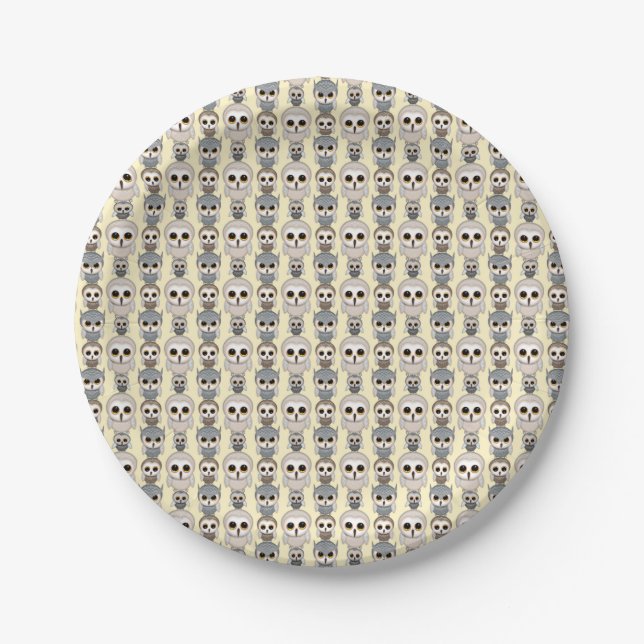 Adorable Owls Pattern on Light Yellow Background Paper Plate (Front)