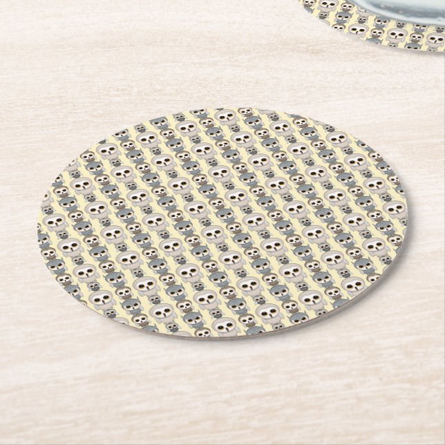 Adorable Owls Pattern on Light Yellow Background Round Paper Coaster (Angled)