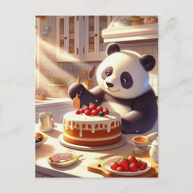 Adorable Panda Bear Baking Cake Postcard (Front)