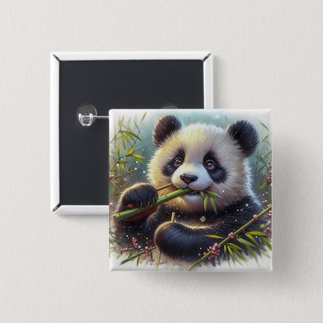 Adorable Panda Bear Eating Bamboo 15 Cm Square Badge (Front & Back)