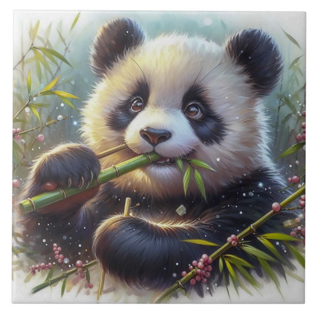 Adorable Panda Bear Eating Bamboo Ceramic Tile (Front)