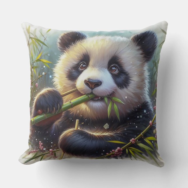 Adorable Panda Bear Eating Bamboo Cushion (Front)
