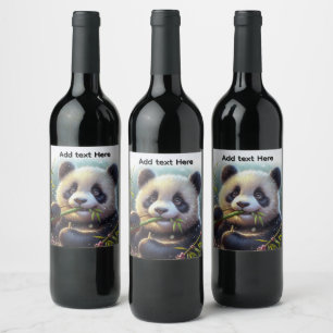 Adorable Panda Bear Eating Bamboo Custom Text Wine Label