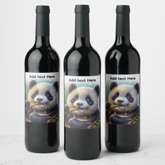 Adorable Panda Bear Eating Bamboo Custom Text Wine Label (Bottles)