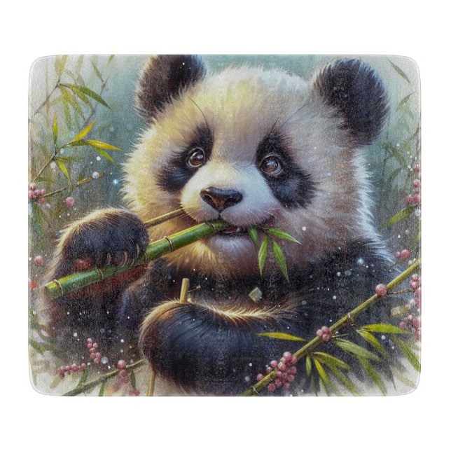 Adorable Panda Bear Eating Bamboo Cutting Board (Front)